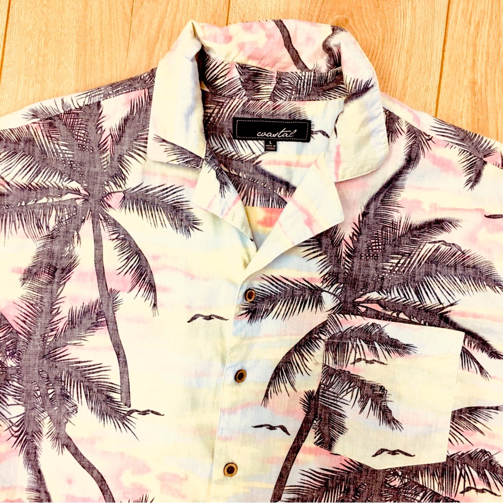 Men's Pink Palm-Print Short Sleeve Shirt button up beach coastal large - Picture 8 of 9